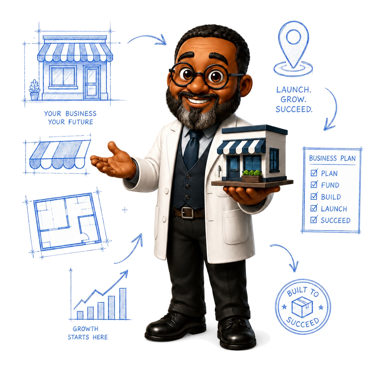 Business Builder lab assistant holding a storefront model